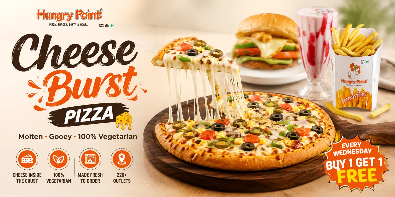 Cheese burst pizza with molten cheese pull at Hungry Point — 100% vegetarian