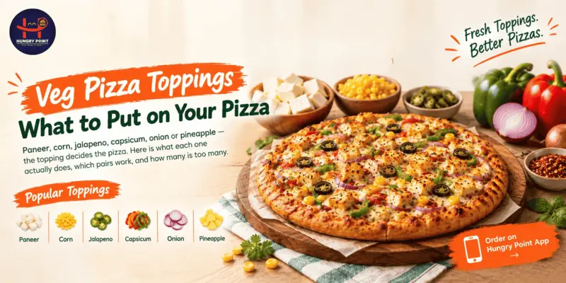 Veg pizza toppings at Hungry Point — paneer, corn, capsicum, onion and jalapeno, 100% vegetarian
